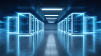 Luminous datacenter interiors where ethernet evolution takes form as segmented beams, cutting through layers of firewall protection toward a connected future