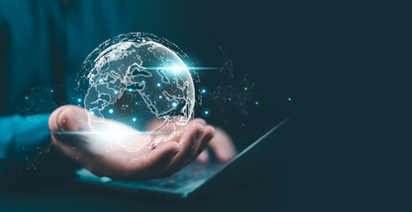Businessman hand holding digital hologram globe, symbolizing global connection, technology, innovation, data network, communication, and business growth in modern digital transformation and concepts.