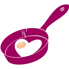 Heart shaped fried egg cooking in a dark pink frying pan with steam rising and a white border on a transparent background