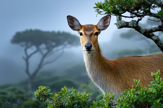 Close-up portrait of a graceful wild deer amidst misty forest foliage.