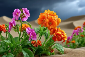 Obraz premium Vibrant desert flowers with dew drops, pink and orange blooms in sand.