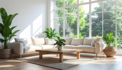 Modern Biophilic Living Room Interior with Natural Light and Plants