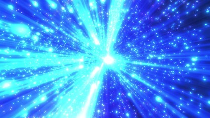 Dynamic abstract background of glowing blue and purple particles moving through space, creating a futuristic light tunnel and cosmic energy effect. - Powered by Adobe