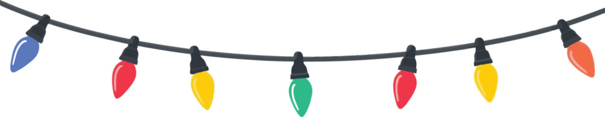 Set of festive illustrations including a ribbon-style Christmas tree, colorful string lights, and a gift bag with presents. Ideal for seasonal cards and holiday designs