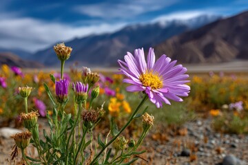 Obraz premium Purple mountain flower blooming vibrantly in a rugged, arid landscape.