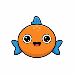Orange cartoon fish with big eyes and a blue tail, centered on a white background, isolated vector illustration of a happy aquatic creature.