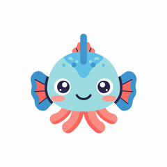 Cute cartoon fish with a smiling face and blue and red colors on a white background, perfect for children's illustrations and vector graphics.