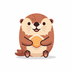 Cartoon otter sitting upright and holding a clam shell in its paws, depicted in a flat vector style, isolated on a clean white background, adorable and playful.