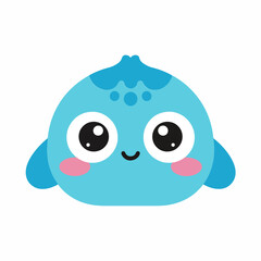 Cute blue cartoon monster with big eyes, a happy smile, and pink cheeks, isolated on a white background in a vector style, perfect for children's illustrations or designs.