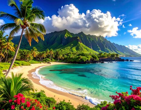 Tropical paradise scene, showcasing sandy beach, mountains, and ocean