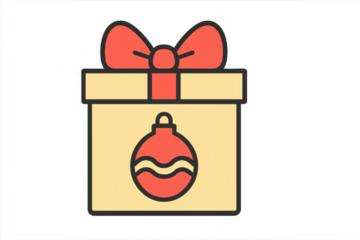 Christmas gift box icon with red bow and bauble, celebrating holiday season, giving presents, vector illustration