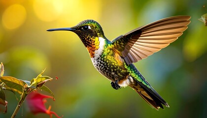 Fototapeta premium Vibrant hummingbird in flight, near red flower