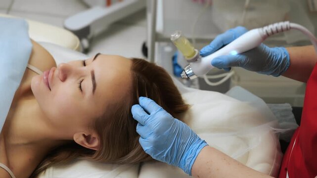 Professional hair treatment in beauty clinic, cosmetologist using modern device on woman scalp during trichology care session indoors.