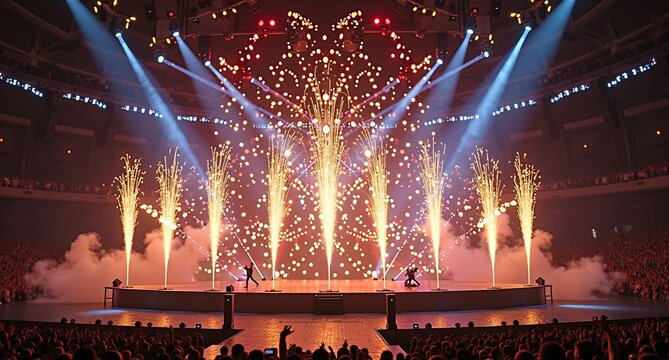 Spectacular concert stage with fireworks and dazzling light show in packed arena
