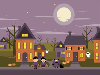 A flat-design vector scene of a spooky suburban neighborhood at night. It features children, ghosts, a cat, and a monster trick-or-treating. Ideas for Halloween party invitations or greeting cards.