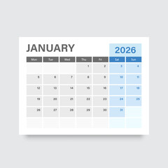 Calendar january 2026 icon in flat style. Planner vector illustration on isolated background. Calender sign business concept.