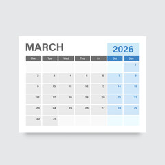 Calendar march 2026 icon in flat style. Planner vector illustration on isolated background. Calender sign business concept.