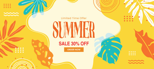 Summer Sale banner with tropical leaves and bright yellow background. Modern seasonal promotion design perfect for marketing, social media ads, and online shop campaigns.