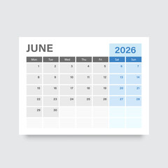 Calendar june 2026 icon in flat style. Planner vector illustration on isolated background. Calender sign business concept.