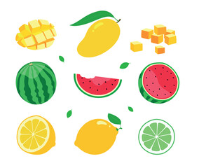 Tropical fruit collection featuring mango, watermelon, lemon, and lime. Bright summer illustration set perfect for healthy food, tropical design, packaging, and juice branding.