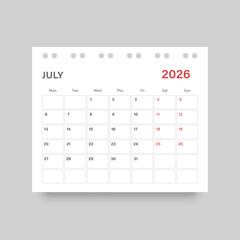 Calendar july 2026 icon in flat style. Planner vector illustration on isolated background. Calender sign business concept.
