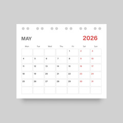 Calendar may 2026 icon in flat style. Planner vector illustration on isolated background. Calender sign business concept.