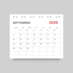 Calendar september 2026 icon in flat style. Planner vector illustration on isolated background. Calender sign business concept.