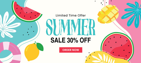 Summer Sale banner with tropical fruits and leaves. Modern summer promotion design featuring watermelon, mango, lemon, and colorful beach elements.