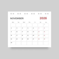 Calendar november 2026 icon in flat style. Planner vector illustration on isolated background. Calender sign business concept.