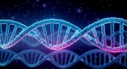 Fototapeta premium 3D illustration of a DNA double helix structure on a glowing blue and purple background.
