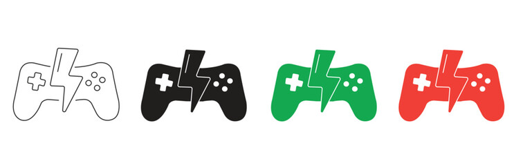 A collection of four video game controller icons with a lightning bolt symbol in various styles and colors