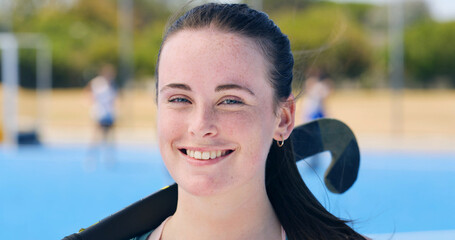 Portrait, hockey and happy girl on field for training, fitness and competition outdoor for health....