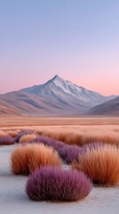 Serene Misty Conical Mountain Peaks With Snow Under A Soft Pink Sky And Vibrant Desert Scrub In The Foreground Landscape Photography
