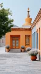 Serene Monastery Courtyard With Ornate Golden Stupa And Blooming White Flowers In Soft Daylight