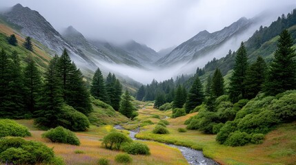 Serene Mountain Valley Landscape with Snow Capped Peaks and Flowing Stream Amidst Wildflowers and Evergreen Trees Under Soft Clouds