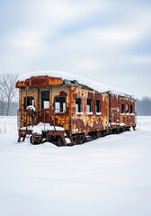 Naklejka premium Vintage train car covered in snow in a winter landscape