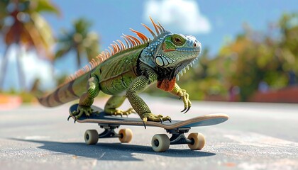 Vibrant iguana skateboarding outdoors