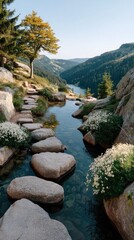 Serene Mountain Valley Landscape With Winding Stream And Wildflowers Under Clear Blue Sky And Warm Sunlight