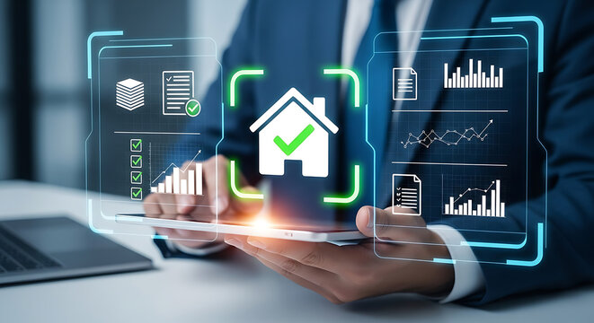 Businessman using tablet with house icon, real estate investment concept