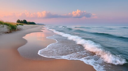 Serene Seascape at Dawn with Gentle Waves Washing Ashore on a Sandy Beach Under a Pink and Gold Sky with Soft Clouds and Coastal Vegetation