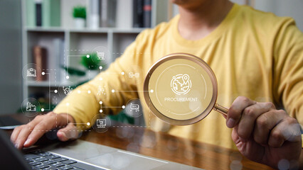 AI-driven procurement and supply chain technology concept with business professional using laptop for automation, data analytics, and digital transformation in modern enterprise management.