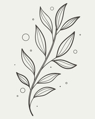 Minimilist illustration of a simple botanical branch with leaves and scattered dots and circles design element vector