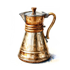 Vintage classic metal coffee pot with a spout and curved handle. The coffee pot is isolated on a white background.Watercolor digital illustration.