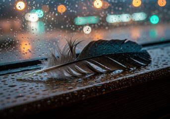 Rainy night city lights reflect on wet surface with object