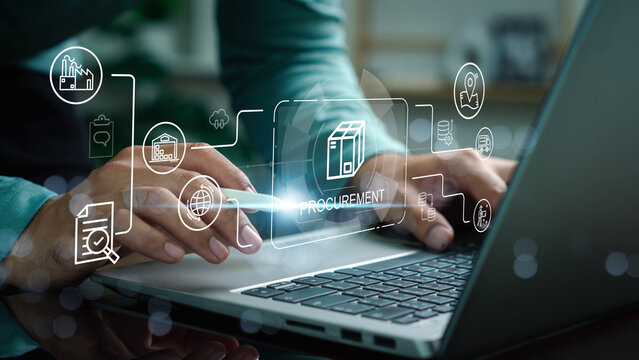 AI-driven procurement and supply chain technology concept with business professional using laptop for automation, data analytics, and digital transformation in modern enterprise management.