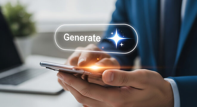 Close up of a man using a smartphone with a generate button overlay