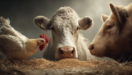 Fototapeta premium Close up of a chicken and two cows eating grains in a dimly lit barn setting on a farm area