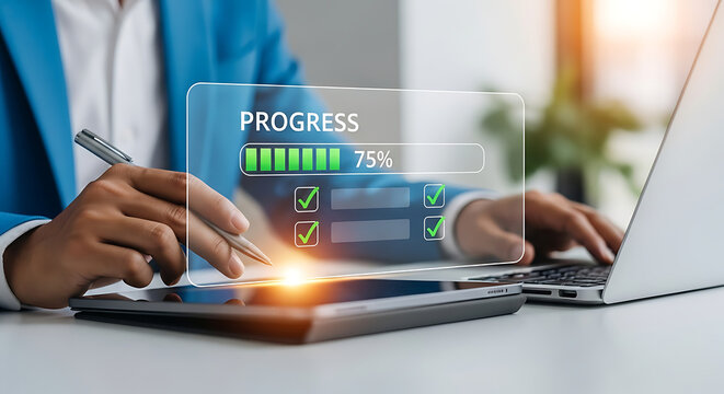 Businessman using laptop with progress bar interface for task management
