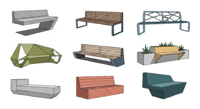A collection of modern urban benches. Vector illustration set of minimalist street and park furniture. Architectural elements for landscape design