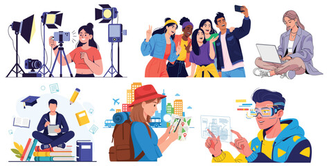 People using gadgets set. diverse activity use gadget Flat graphic vector illustrations isolated on white background